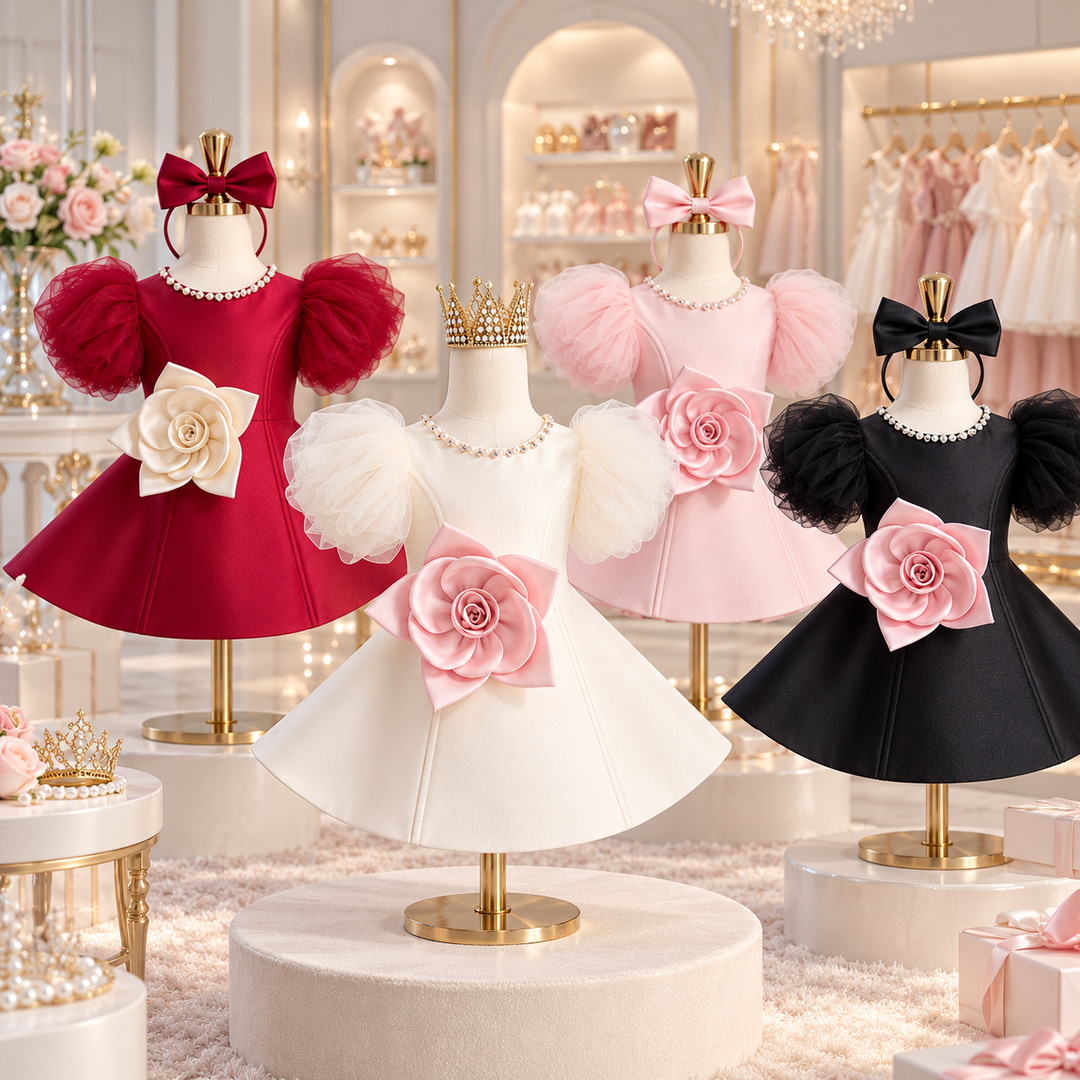 Girls' flower dresses in cream, pink, red and black with puff sleeves on display