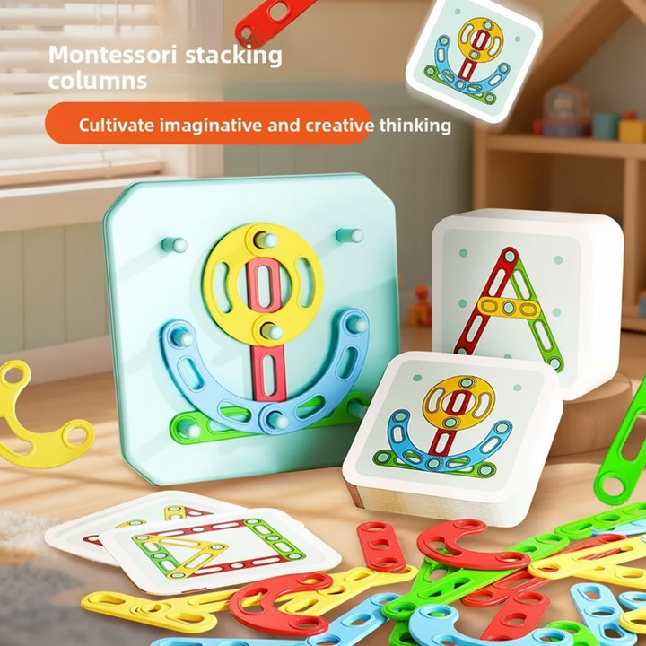 Flower pattern on a pegboard with letter and picture cards and loose geometric pieces