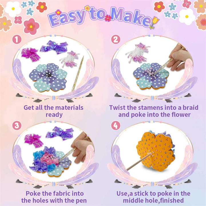 Four-step guide to adding stamens, poking fabric into foam flowers, and attaching wooden stems