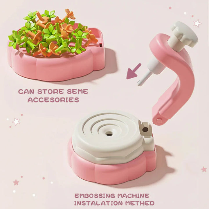 Flower press assembly diagram showing the removable upper section and accessory storage in the base