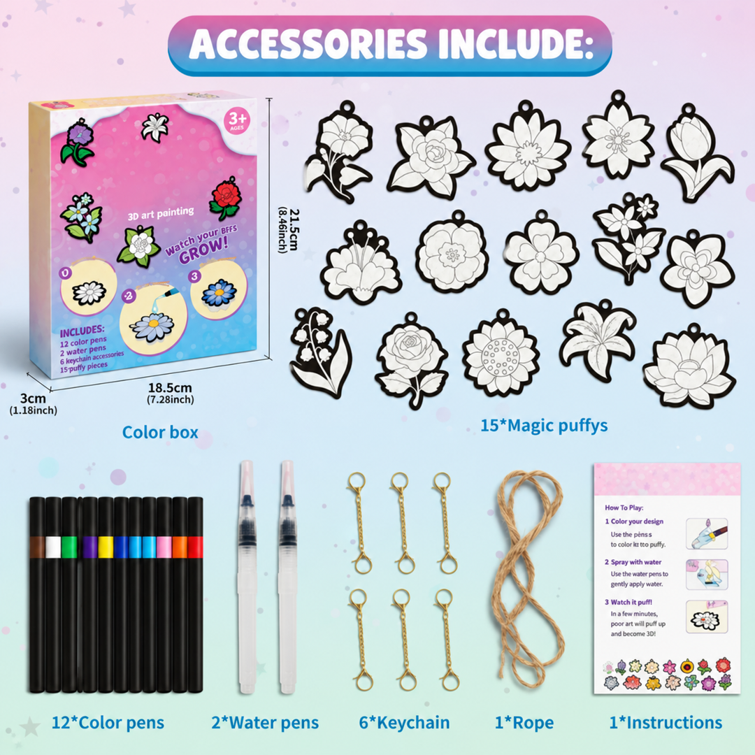Flower craft kit with floral paper patterns, coloring markers, water pens, clips, and hanging string