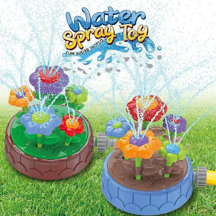 Blue and green flower sprinkler options spraying water on grass