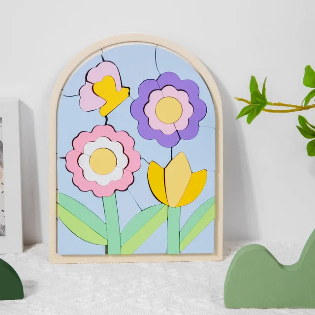 Flower design wooden puzzle with colorful blossoms, green stems, and a butterfly