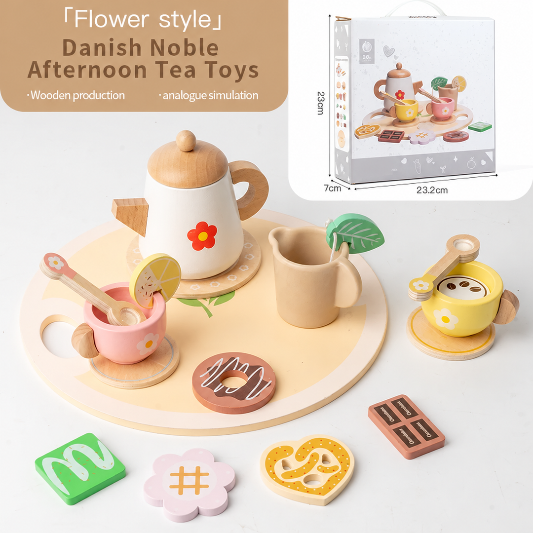 Flowers tea set with pink and yellow cups, pretend treats, a serving tray, and matching box