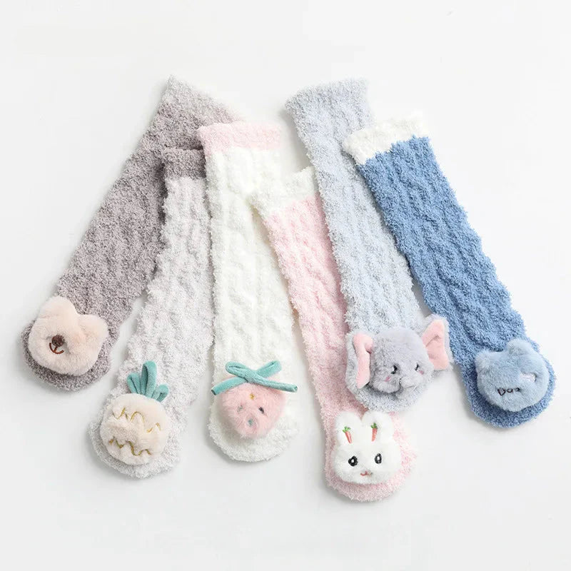 Long baby socks with bear, pineapple, strawberry, rabbit, elephant, and dog details.