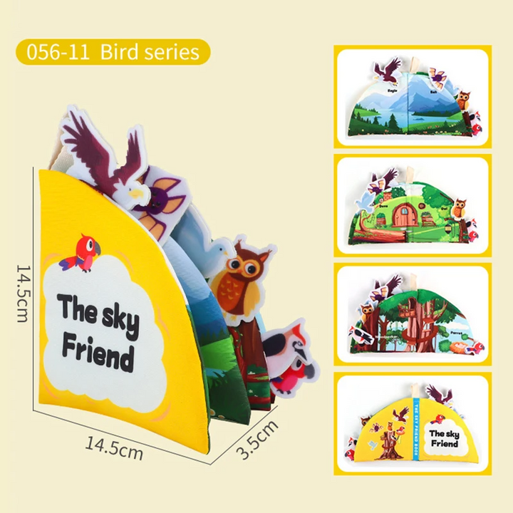 Flying Animals book with bird-shaped pages, shown measuring 14.5 x 14.5 x 3.5 cm