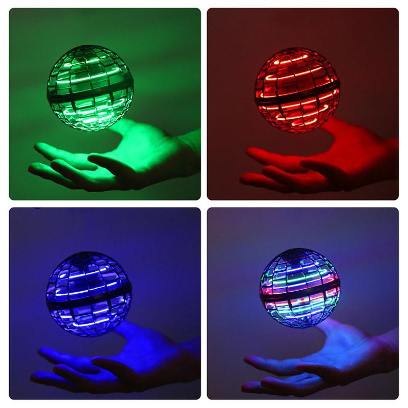 Flying ball shown with green, red, blue, and multicolored lighting