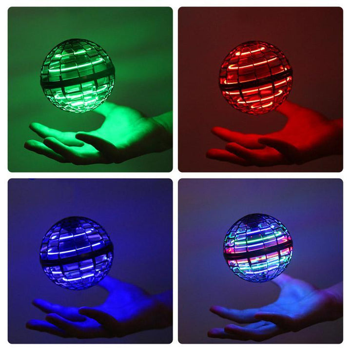 Flying ball shown with green, red, blue, and multicolored lighting