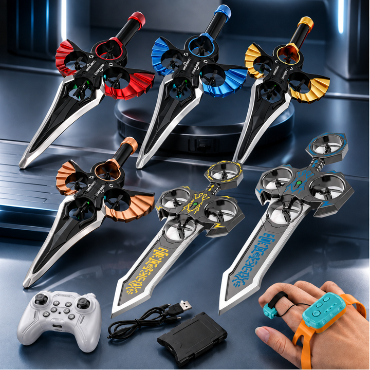 Sword-shaped flying toys in multiple colors with handheld and wrist controllers, cable, and battery module
