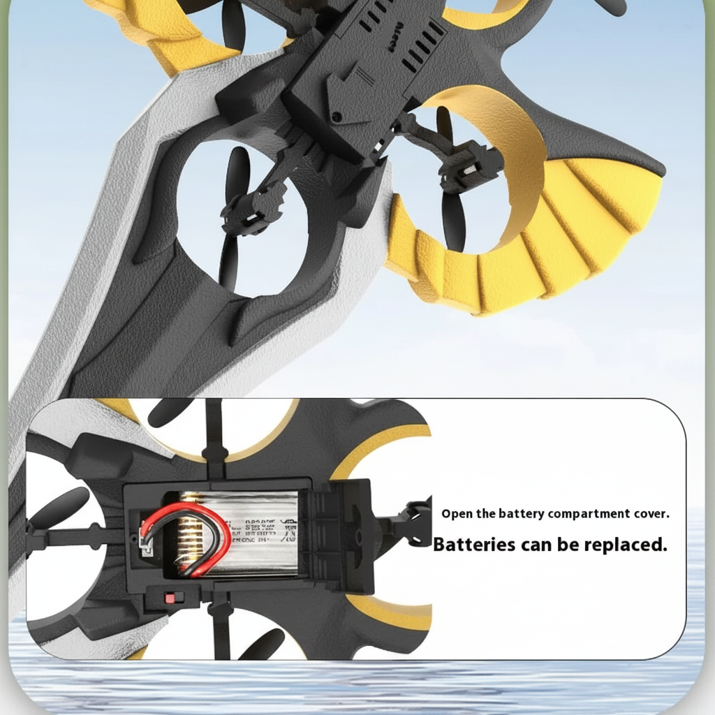 Close-up of the flying sword underside, propellers, and removable battery compartment