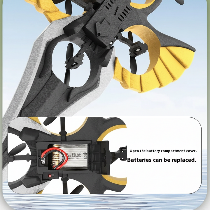 Close-up of the flying sword underside, propellers, and removable battery compartment