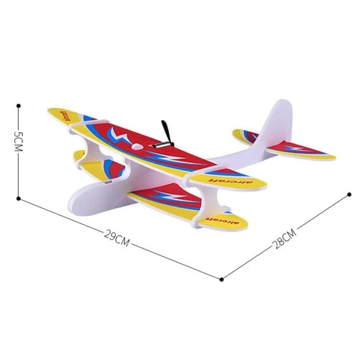 Colorful foam airplane with labeled length, width, and height measurements