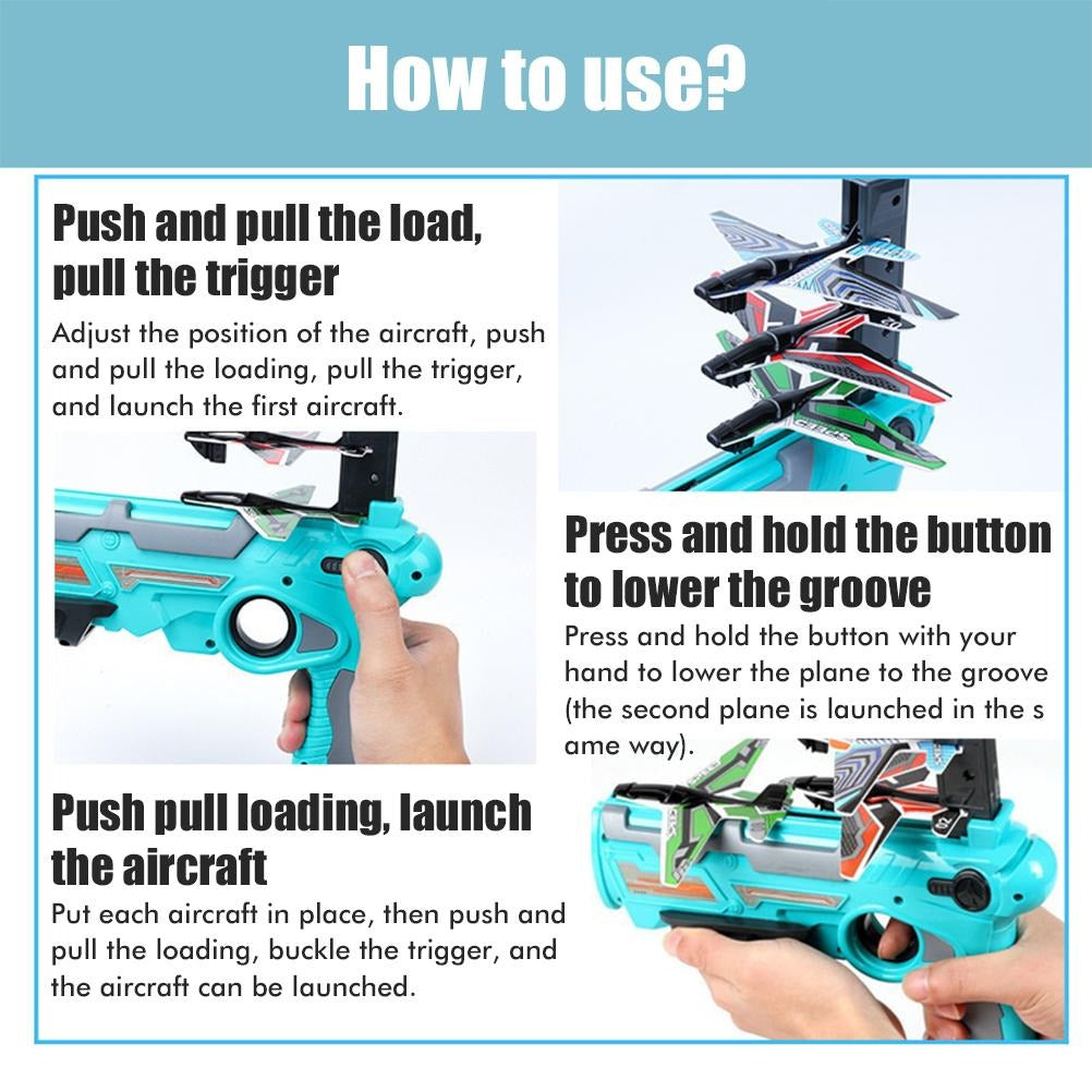 Instructions showing how to load foam planes and operate the airplane launcher