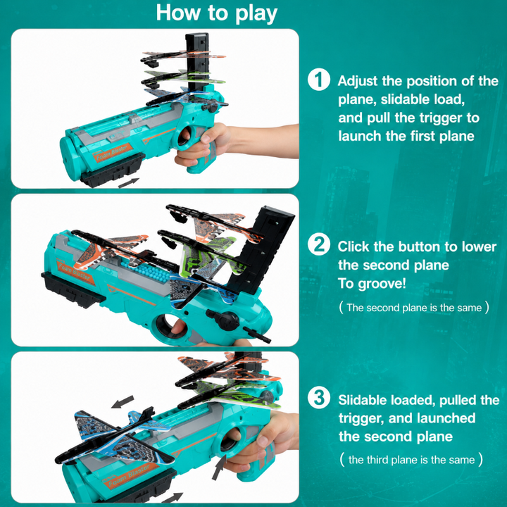 Three-step picture guide to loading and launching foam airplanes