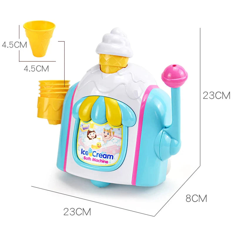 Bath toy measurement diagram showing 23 x 8 x 23 cm dimensions and a 4.5 x 4.5 cm cone