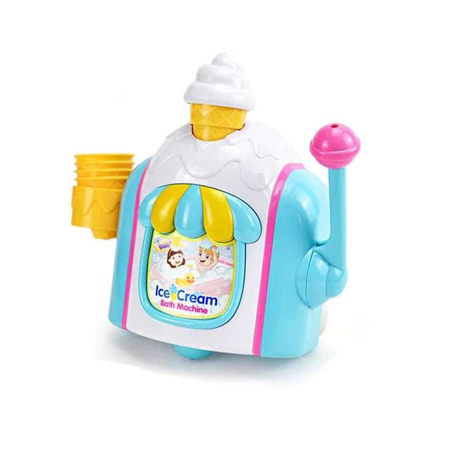 Angled view of the foam bath toy with yellow cones and a pink-topped side handle
