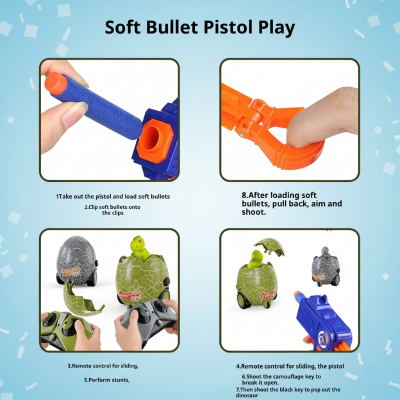 Illustrated guide to loading the foam dart blaster and aiming at the dinosaur egg car