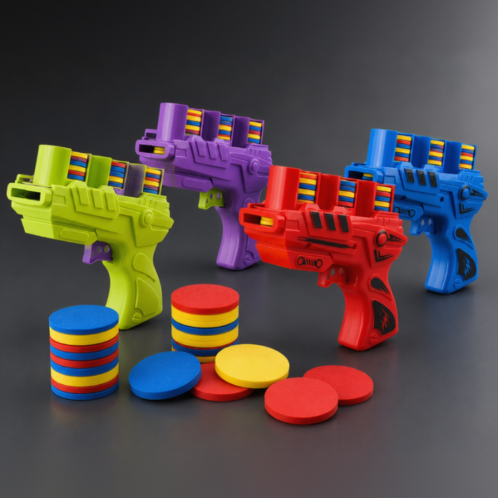Blue, red, purple, and green foam disc blasters displayed with colorful foam discs