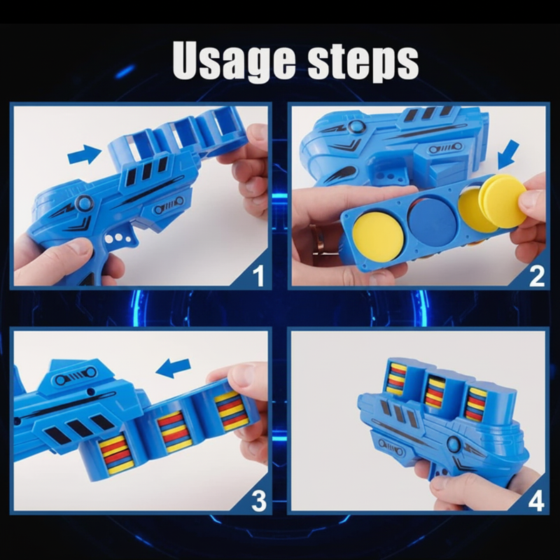 Four-step guide showing how to open, load, and reassemble the foam disc blaster