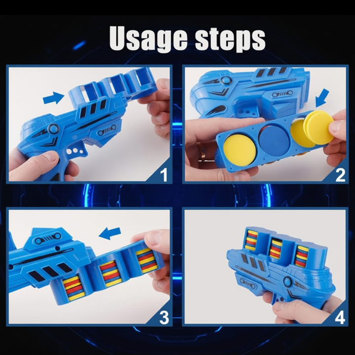 Four-step guide showing how to open, load, and reassemble the foam disc blaster