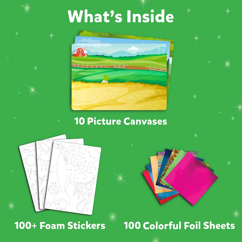 Kit contents: 10 picture canvases, 100+ foam stickers, and 100 colorful foil sheets