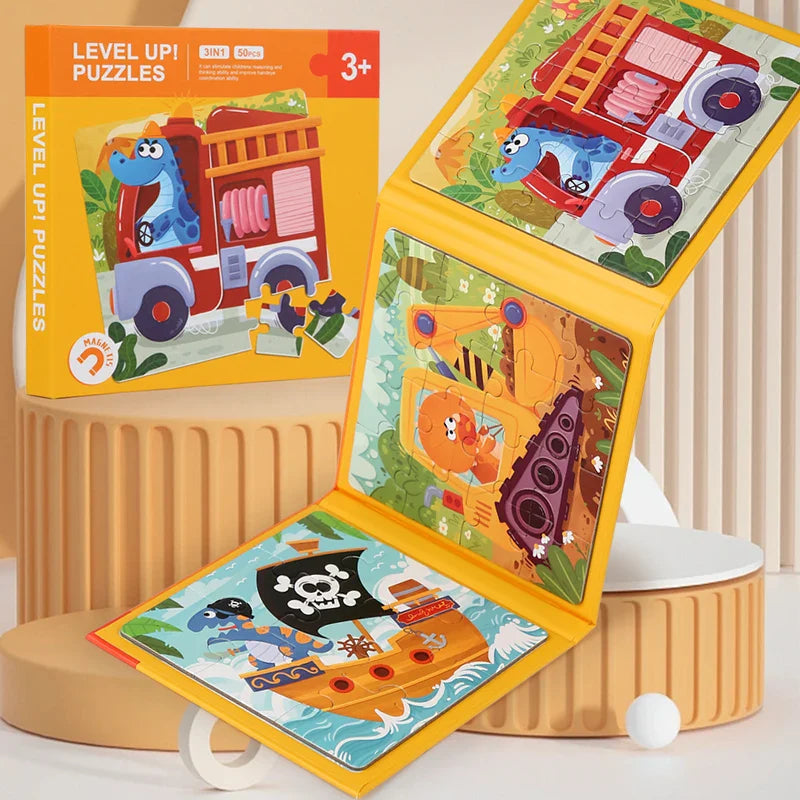 Yellow magnetic puzzle book opened to fire truck, construction vehicle, and pirate ship scenes.