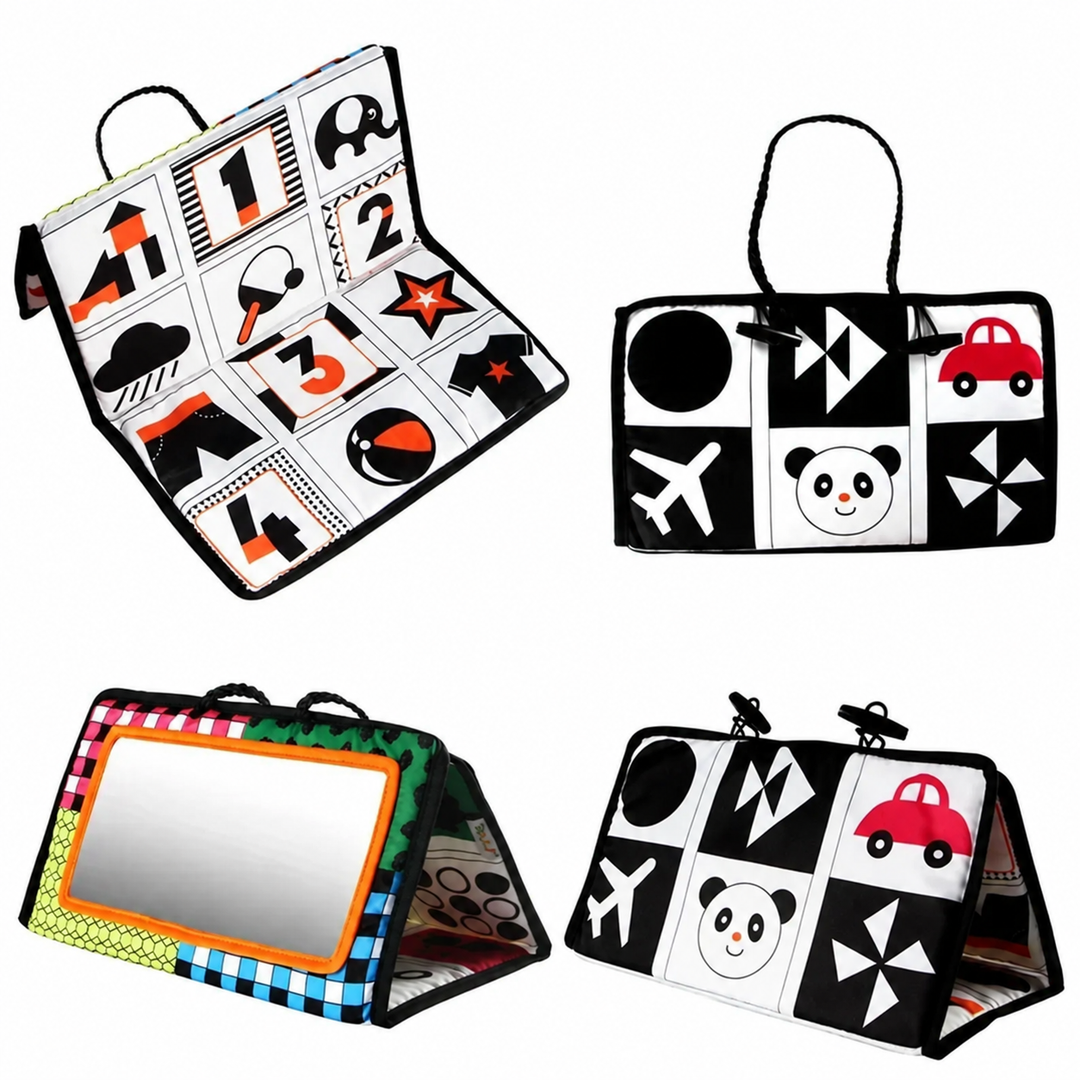 Foldable baby sensory mirror shown flat, folded, and in a triangular stand