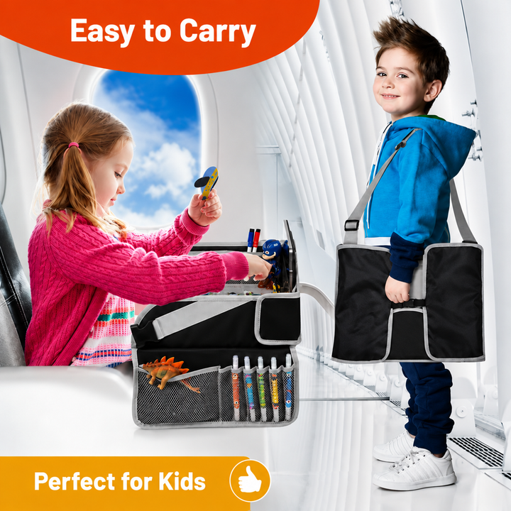 One child uses a black travel tray while another carries a folded tray by its strap