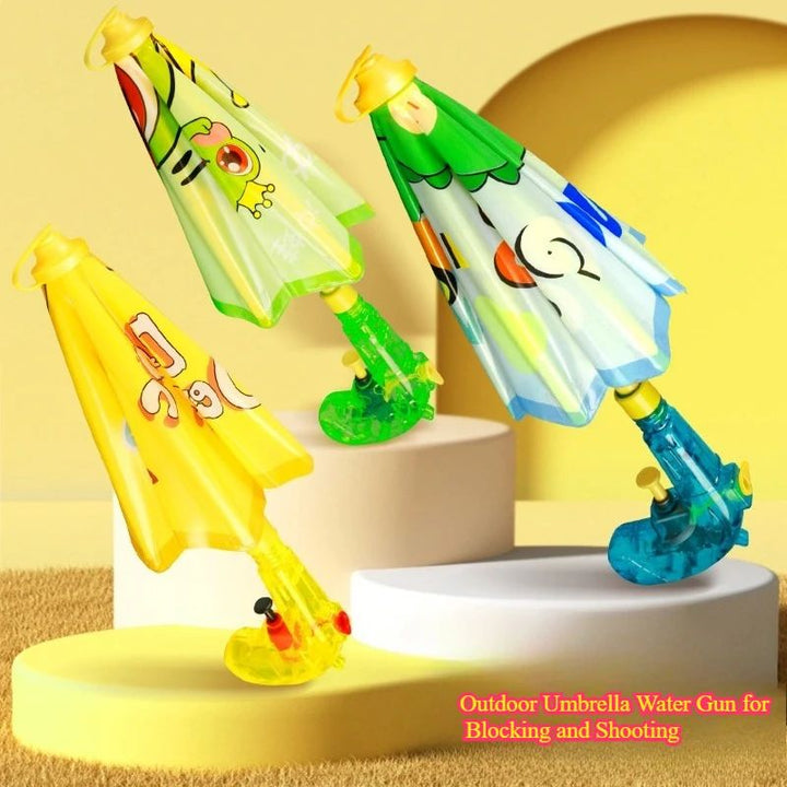 Folded duck, frog, and dinosaur umbrella water guns on display platforms