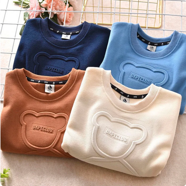 Folded navy blue, blue, brown and apricot sweatshirts showing raised bear details