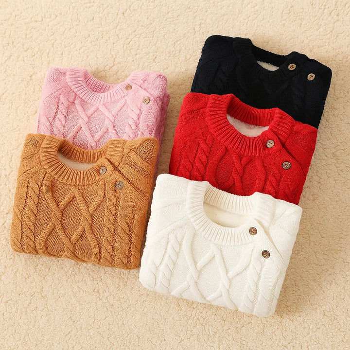 Five folded cable-knit sweaters in pink, black, khaki, red, and white.