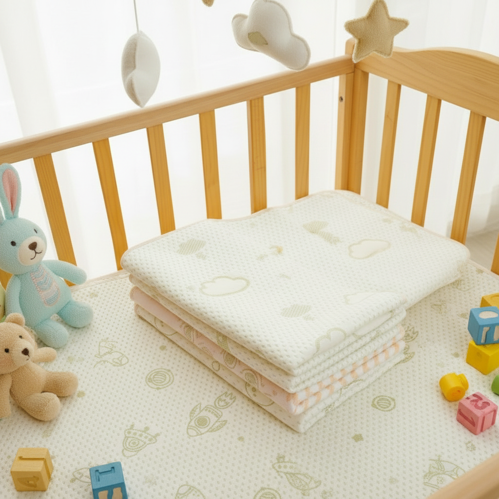Folded cloud and rocket mattress protectors stacked in a wooden crib