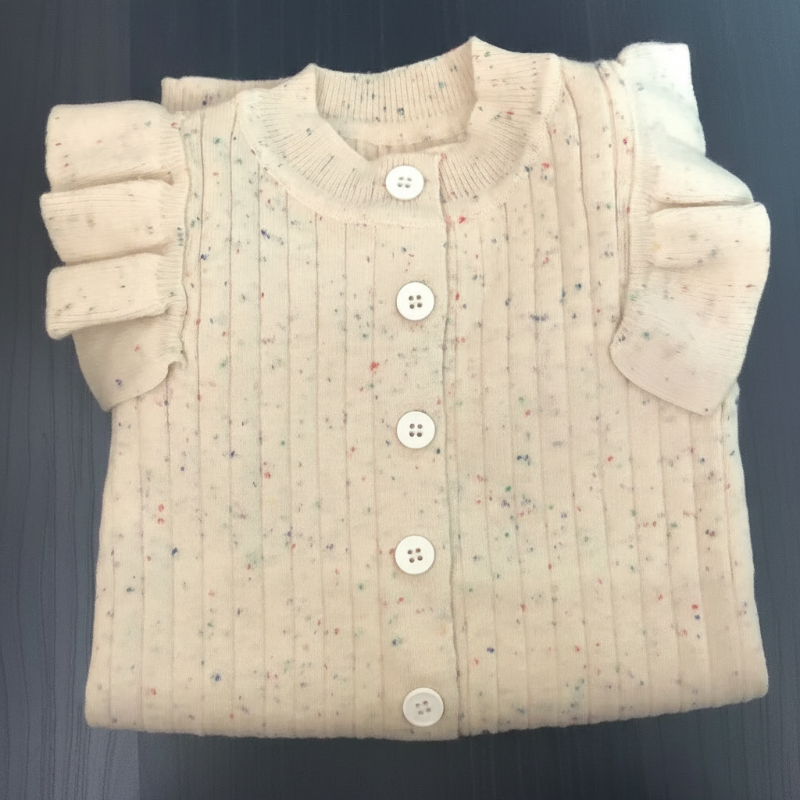 Folded beige knit baby romper showing front buttons, shoulder ruffles, and tiny color flecks