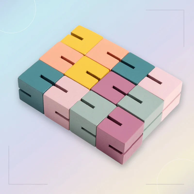 Pastel wooden blocks folded into a compact, flat arrangement