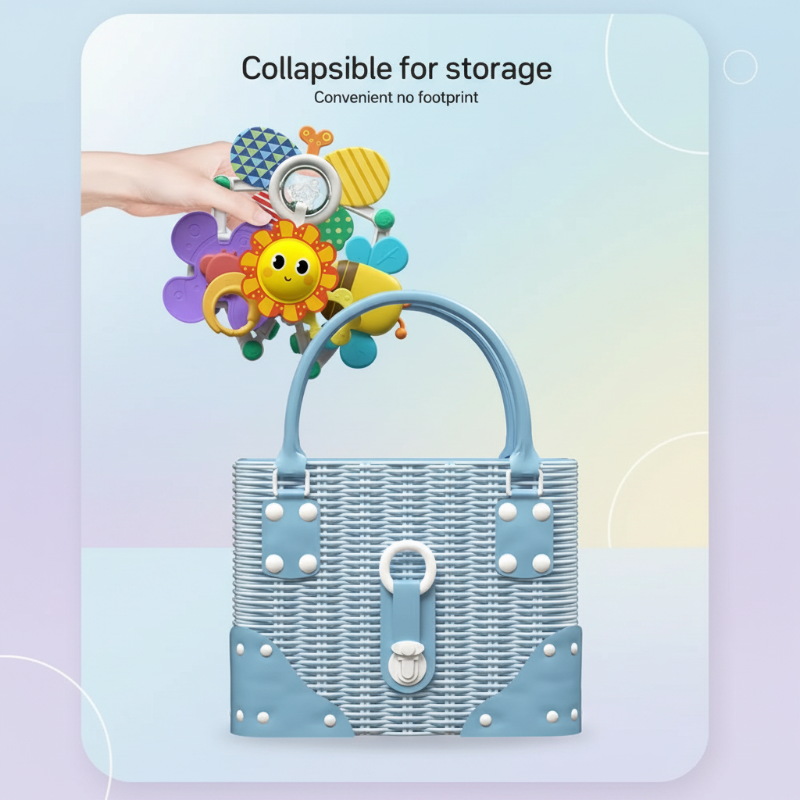 Folded baby play arch held above a handbag to show compact storage