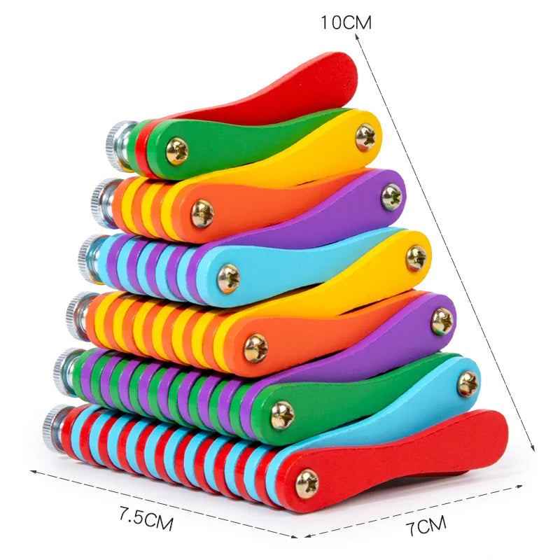 Folded wooden puzzle with measurements of 10 cm, 7.5 cm, and 7 cm
