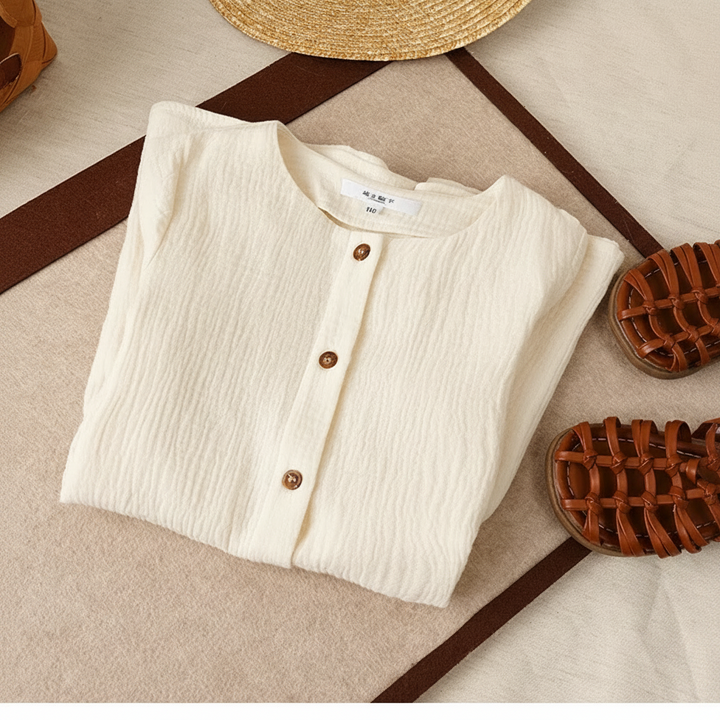 Folded White cotton dress showing its round neckline, textured fabric, and brown buttons.
