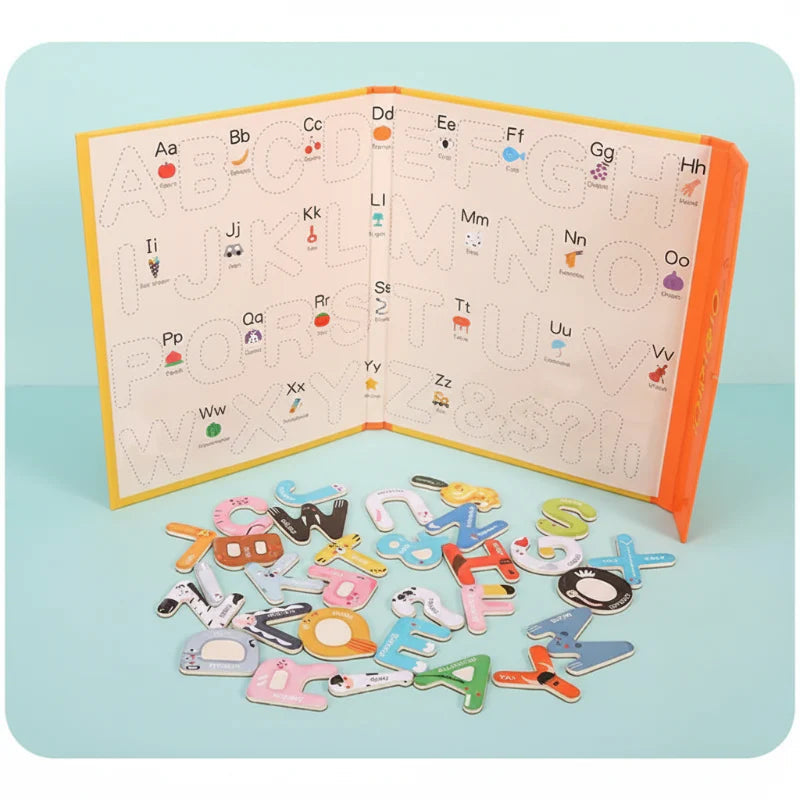 Folding alphabet board standing open behind a group of loose illustrated letter pieces