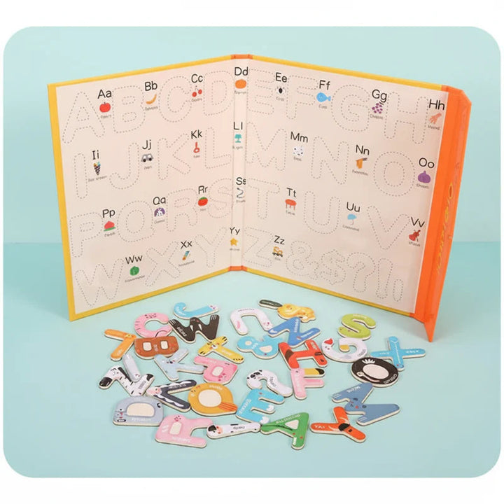 Folding alphabet board standing open behind a group of loose illustrated letter pieces