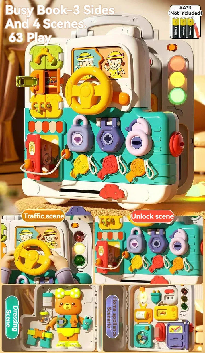 Folding busy board with views of the steering, lock, bear, and household activity panels