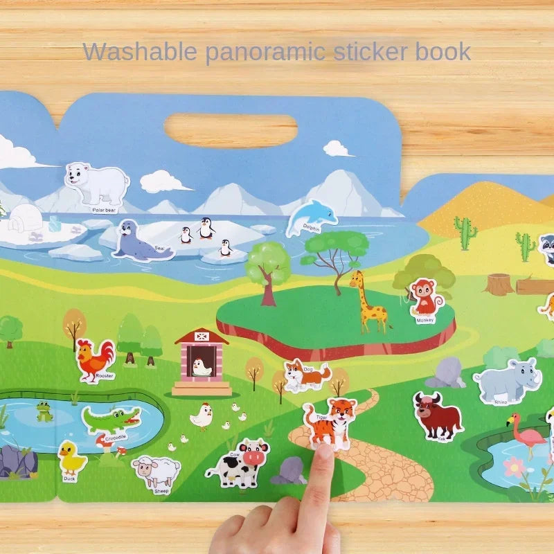 A child places an animal sticker on an illustrated foldout landscape