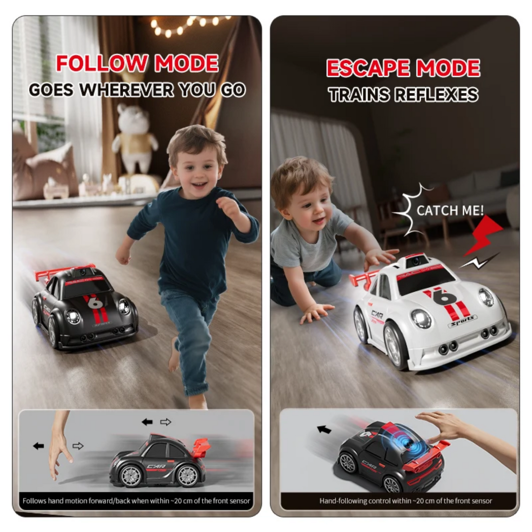 Follow and escape play modes shown with children and RC drift cars