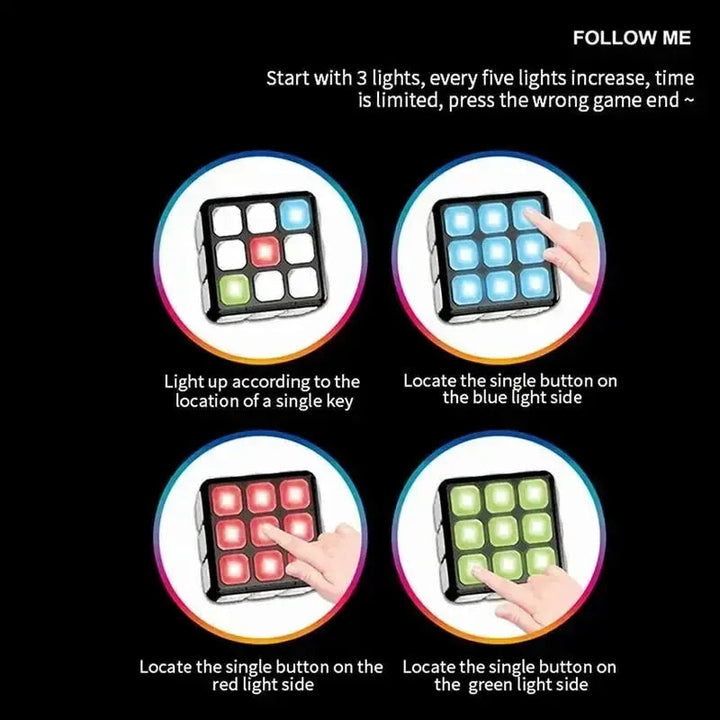 Follow Me game diagram showing button matching on blue, red, and green cube panels