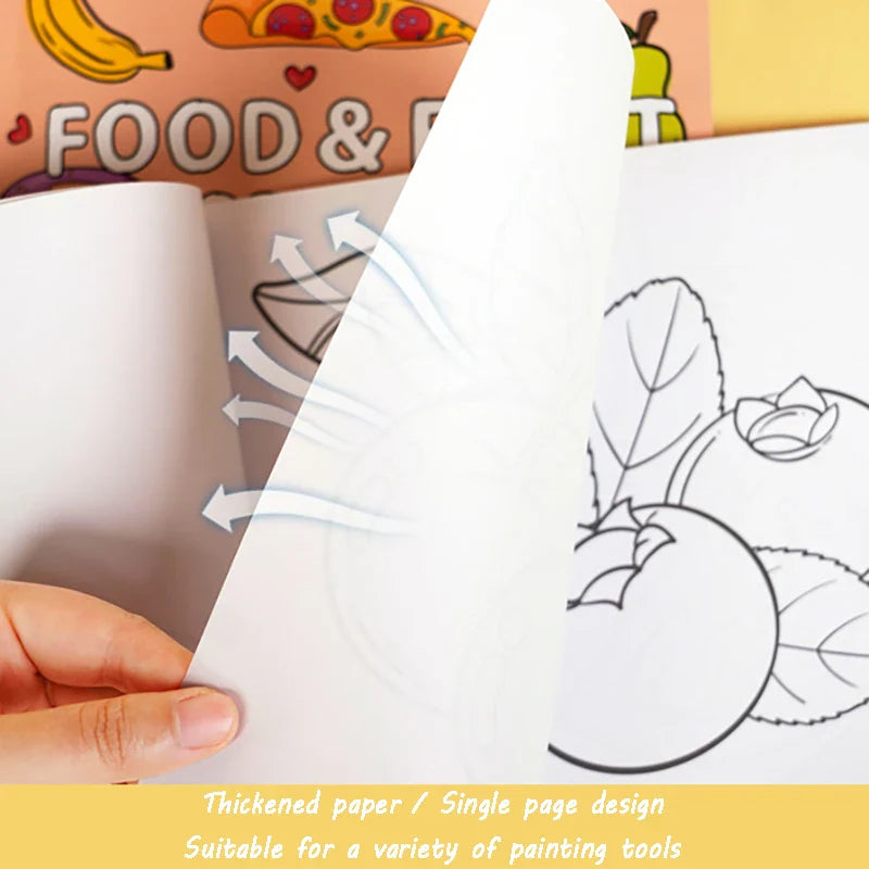 Pages being turned in the food-themed coloring book to reveal large fruit outlines