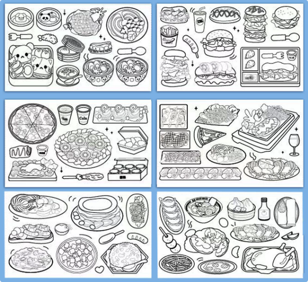 Six panels of food coloring outlines featuring meals, snacks, and drinks