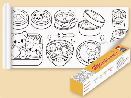 Food-pattern coloring roll beside its yellow box