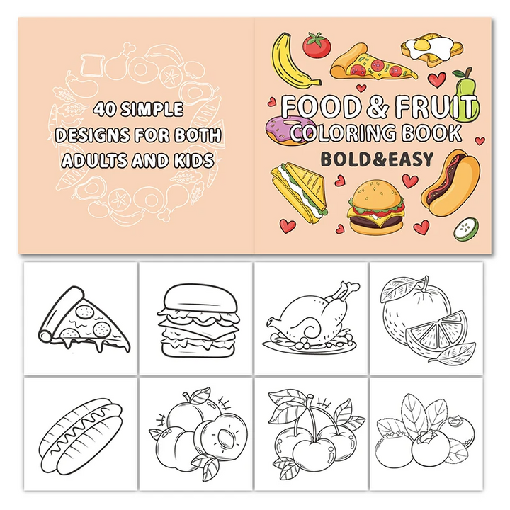Front and back of the Food &amp; Drink coloring book with pizza, fruit, and burger designs