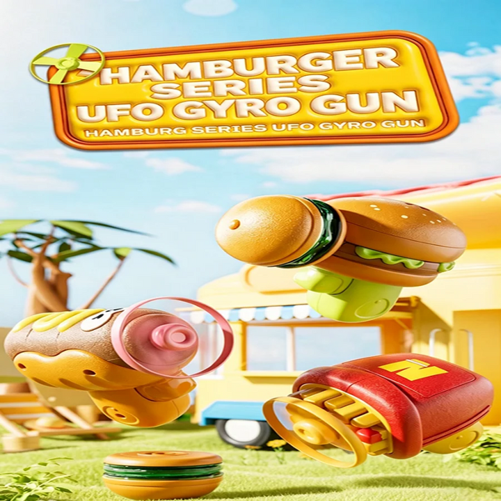Three food-themed launchers displayed with flying disks and a hamburger-shaped gyro
