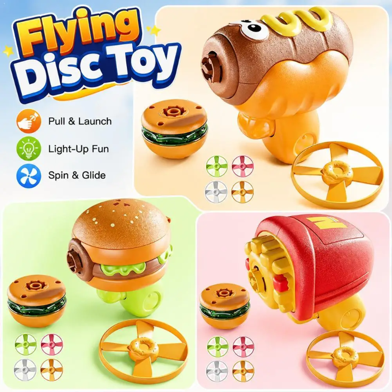 Hot dog, hamburger, and french fry launchers displayed with flying disks and spinning gyros
