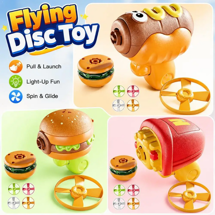 Hot dog, hamburger, and french fry launchers displayed with flying disks and spinning gyros